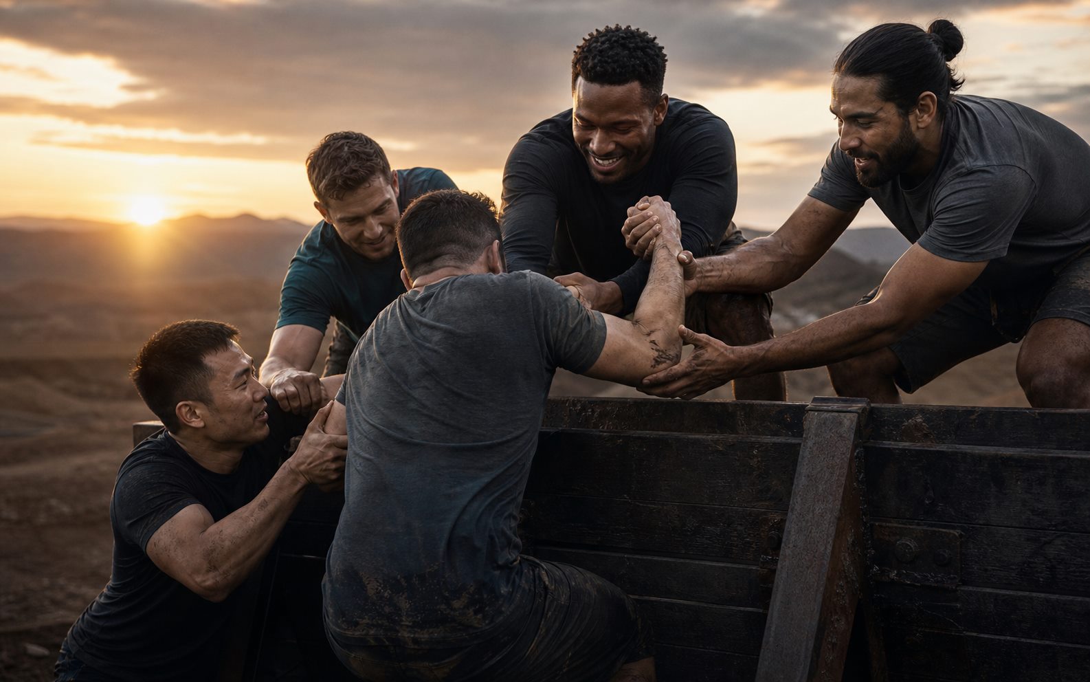 A diverse group of men helping one another over an outdoor obstacle