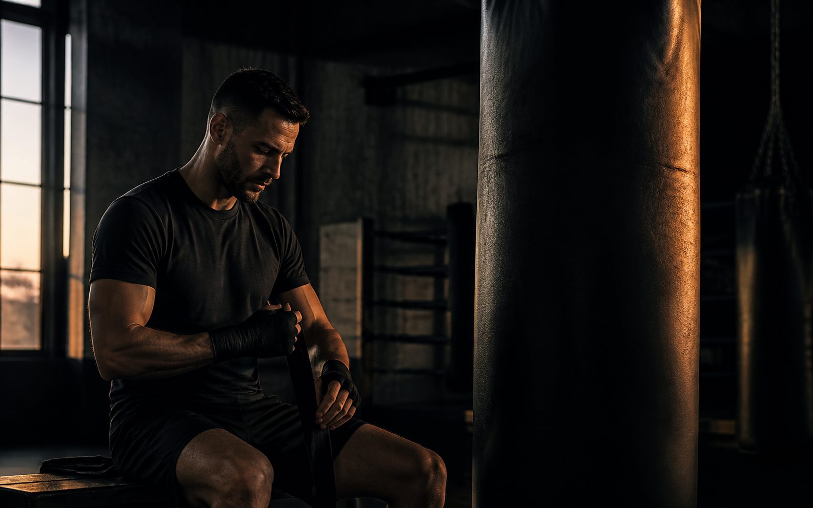 A focused man wrapping his hands before an early-morning training session