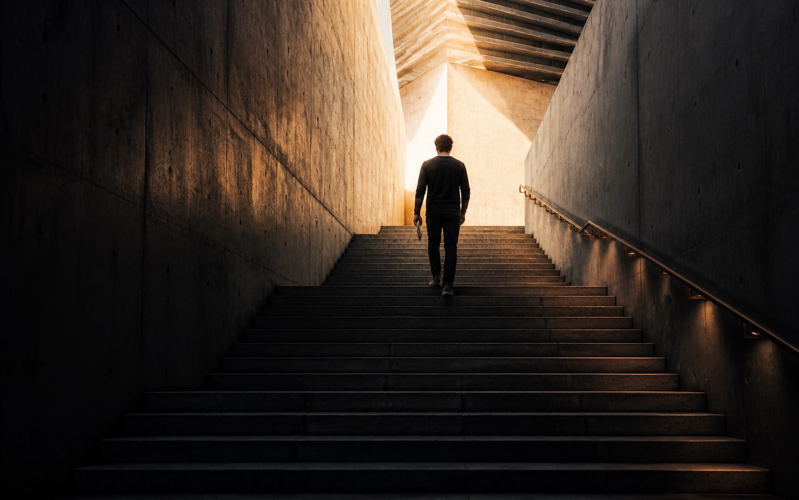 A man ascending a concrete staircase toward warm morning light